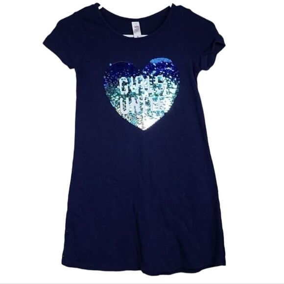 Justice Girls 10 Navy Blue Sequin Heart Soft French Terry Short Sleeve Dress - Picture 1 of 6